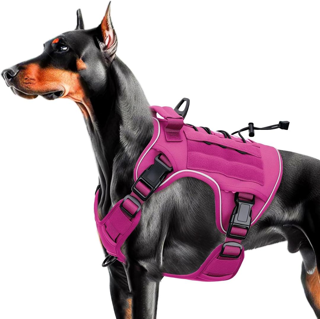 Bruvoalon Heavy-Duty Tactical Dog Harness for Large Dogs, No Pull Adjustable Reflective K9 Vest with Molle System, 12 Colors & 4 Sizes, Military-Grade Control for Training, Outdoor & 10+ Breeds (L: Neck: 19-25'', Chest: 27-35'', Pink)
