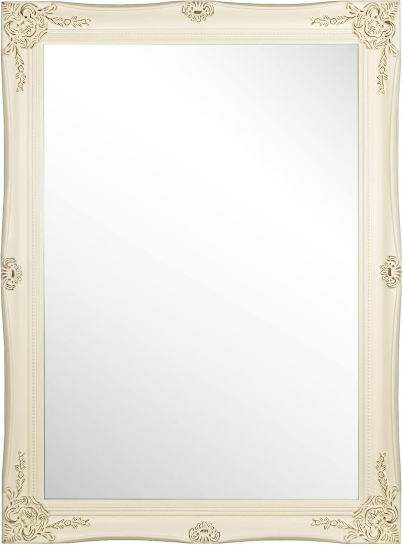 Antique Glossy Rectangular Wall Mirror, Vintage Wood Framed Vanity Mirrors for Home Decor, Living Room, Bathroom, Bedroom, or Hallway (32"x24", Ivory)