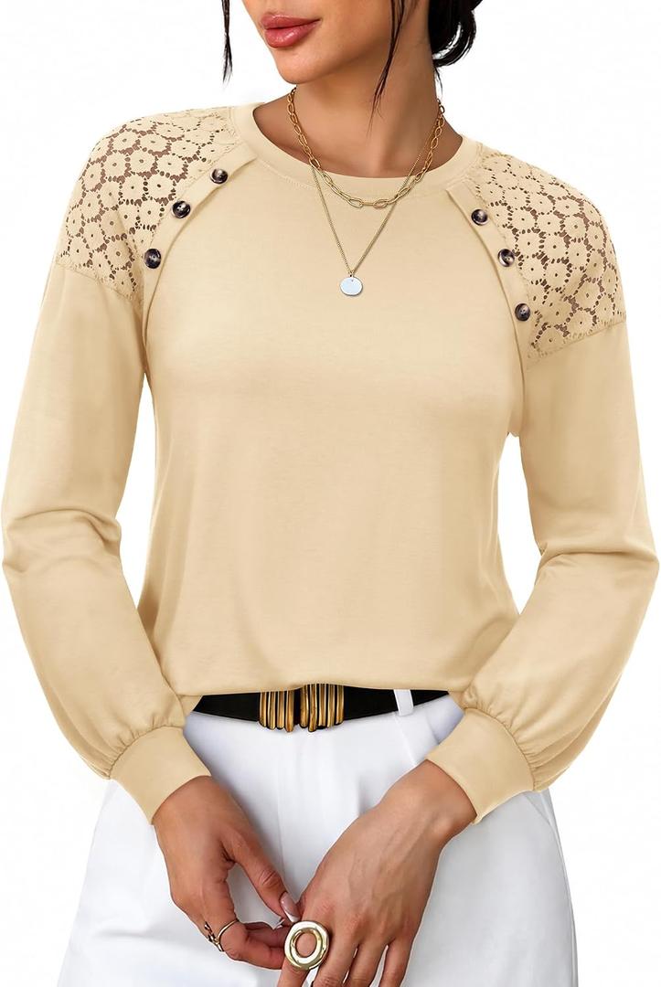 siliteelon Lace Long Sleeve Tops Dress Shirt Womens Crew Neck Loose Dressy Blouse Business Casual Work Summer 2026 Cream (Beige, XXL)