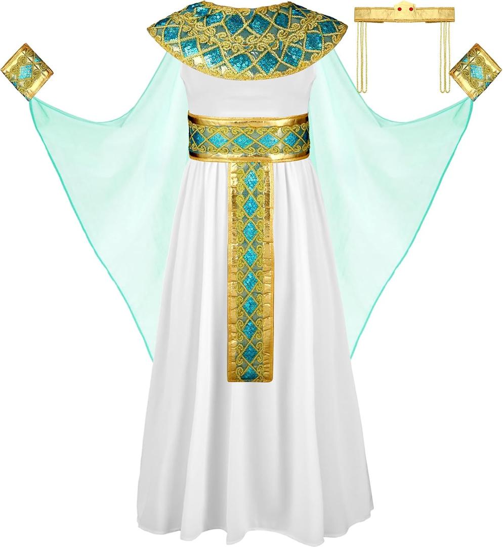 Liitrsh Halloween Kids Egyptian Costume Set Women Cos Egypt Dress for Girls Egyptian Costume Queen Accessories, M (7-9 Years), Blue
