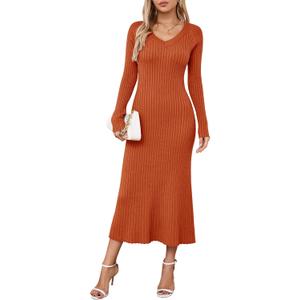 Arach&Cloz 2025 Spring Womens V Neck Long Sleeve Fishtail Sweater Dress Ribbed Knit Slim Fit Bodycon Midi Dress (Orange)