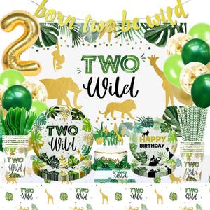 Two Wild Birthday Decorations Tableware, Safari Jungle Theme 2nd Party Supplies Include Banner, Backdrop, Plates, Cups, Napkin, Tablecloth, Balloons, Cutlery, for 2 Years Old Birthday
