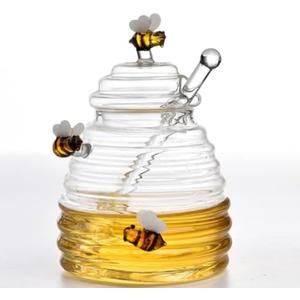 Glass Honey Jar with Dipper and Lid Little Bee Honeypot Bee Pot 17oz for Honey Syrup Jam Storage Honey Containers