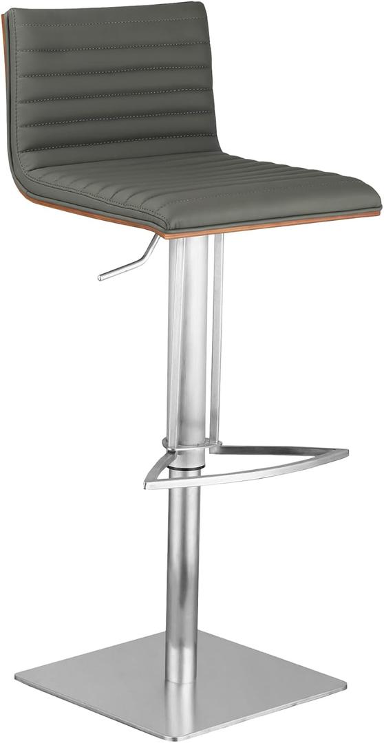 Armen Living LCCASWBAGRB201 Caf Adjustable Barstool in Grey Faux Leather and Brushed Stainless Steel Finish, Gray/Walnut, 31.5" x 19.29" x 17"
