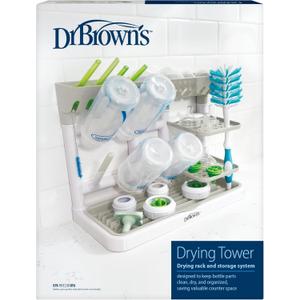 Dr. Brown's Baby Bottle Drying Tower, Stand-Up Countertop Drying Rack with Organized Storage for Baby Essentials, Space Saving Vertical Rack, Gray/White