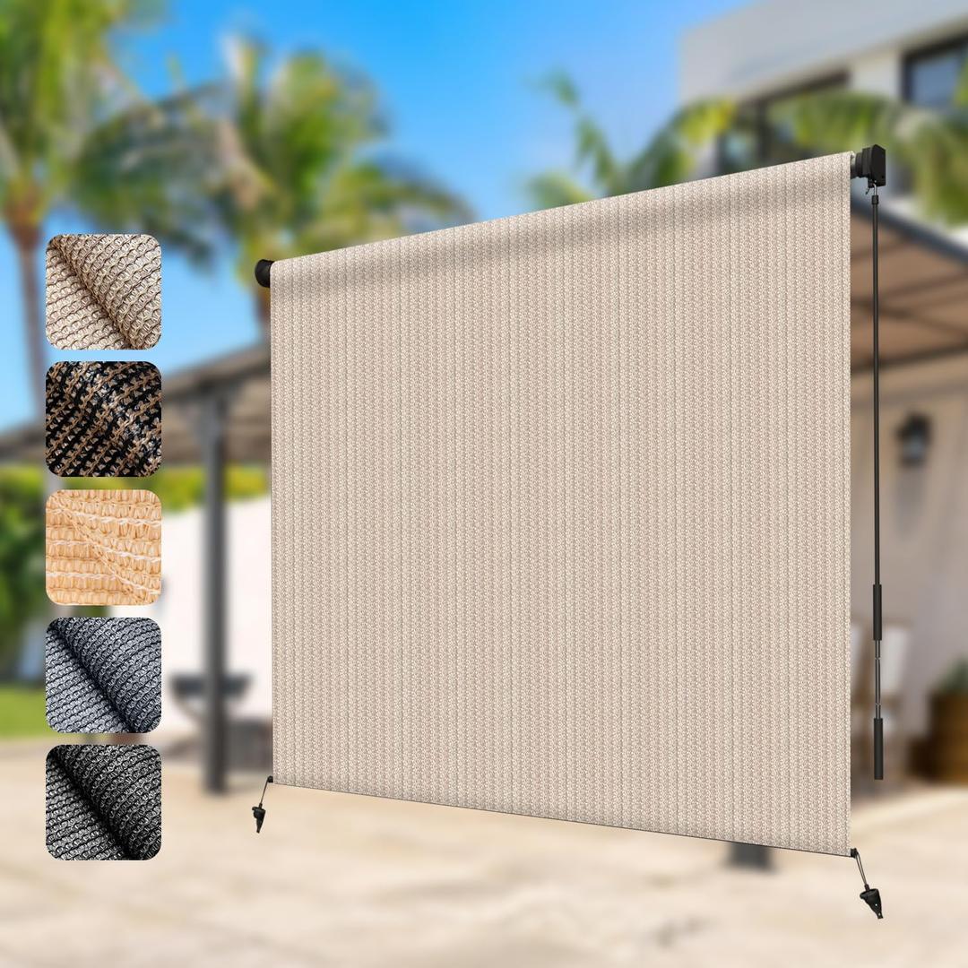 LOVE STORY 230GSM Outdoor Roller Shade for Patio, 8' W x 6' H Beige | HDPE Fabric, Cordless, 95% UV Block, Exterior Roll Up Blinds, For Porch Gazebo Pergola, Privacy Protective, Easy Installation, 96"W x 72"H