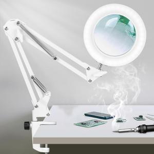 KIRKAS 10X LED Magnifying Lamp with Clamp Real Glass Lens, 3 Color Modes and Stepless Dimmable Magnifier Desk Lamp,Adjustable Swivel Arm Lighted Magnifying Glass for Repair Craft Close Work-White
