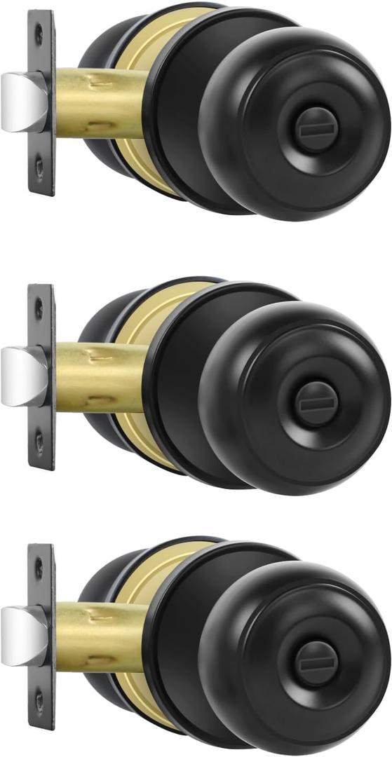 Privacy Door Knobs, 3 Pack Matte Black Door Knobs with Lock, Bed and Bath Door Knob Interior Keyless Locksets, Round Door Handles Reversible for Left Right Handed Doors