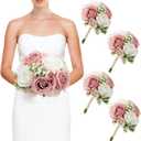 Wedding Bridesmaid Bouquets Set of 4, Artificial Silk Flowers Arrangement for Ceremony Marriage Proposal Party Anniversary Decorations - Dusty Pink & White