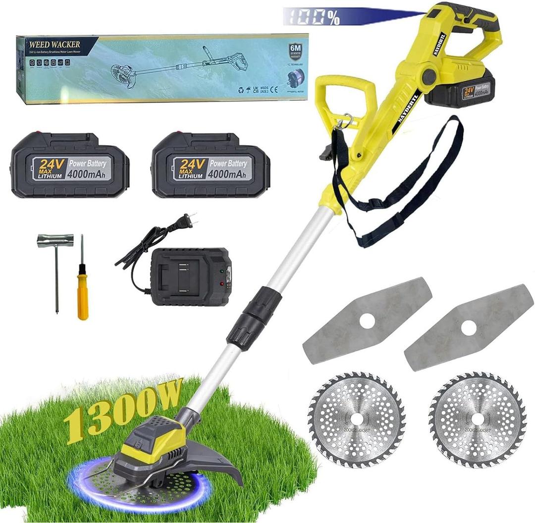 Electric Weed Wacker Cordless Eater 24V Battery Powered Brushless Brush Cutter with 2X4.0Ah Batteries Fast Charger Lightweight Grass Trimmer 2 Types Blades for Lawn Yard Garden (Green)