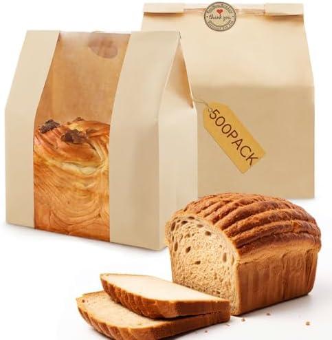 500 Pack Paper Bread Bags for Homemade Bread, Paper Bakery Bag for Baked Food Packaging Storage, Large Kraft Paper Bread Loaf Bag with Window Pack of 40 Label Seal Sticker,12.5x8.3x4Inch