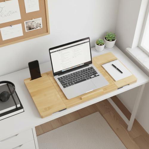 WoodNest -Bamboo Lap Desk, Laptop Desk, Portable Workstation, Adjustable Height Angle, Foldable Tray for Couch Bed Floor, Drawer with Magnetic Closure, Mouse Pad, Phone Slot, Leather Handle.
