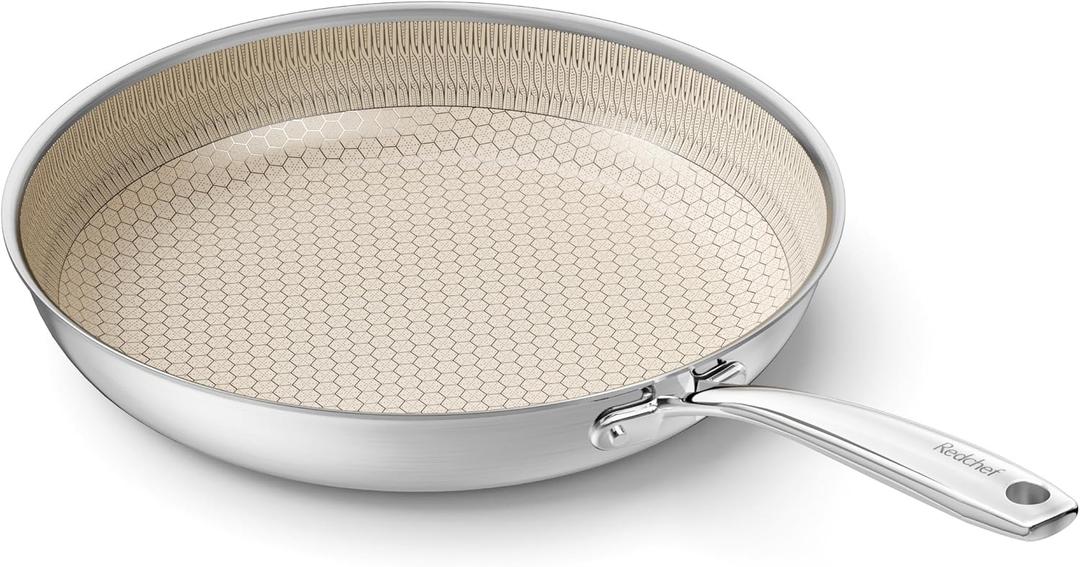 Redchef Hybrid Ceramic Nonstick 11-Inch Frying Pan with Stay-Cool Handle, Dishwasher & Oven Safe, Induction Compatible, Tri-Ply Stainless Steel & Aluminum, All Cooktops (Beige)