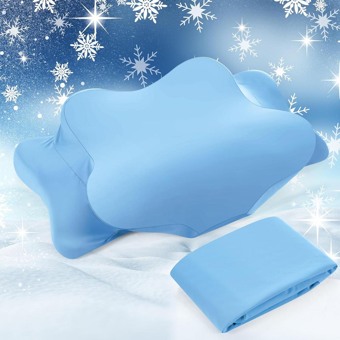 Hahafelt Cooling Cervical Neck Pillowcase Cover (Only Pillow Case) Ergonomic Pillowcase with Zipper Breathable Contour Pillow Cover for Side Back Stomach Sleepers(Blue, Queen Size)