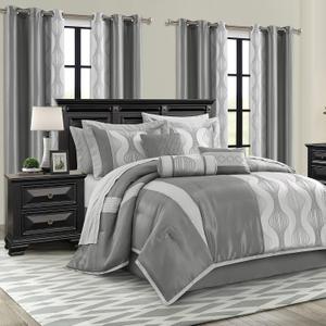 King Comforter Set, Grey, 15 Pieces Room in a Bag, Ultra Soft Jacquard with Patchwork, Luxury Bed Set with Sheets, Curtains, Bed Skirt, Pillow Shams, Cases and Pillows