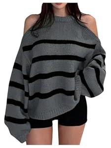 Verdusa Women's Cold Shoulder Crew Neck Sweater Oversized Striped Pullover Sweaters Streetwear Knit Tops Grey and Black X-Small