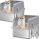 2PACK Stainless Steel Cat Litter Box with Lid,19.7 L x 13.8 W x 11.8H Deep,Large Metal Litter Box with High Side,for Small and Large Cats,Anti-Leakage Non-Sticky Include Litter Scoop