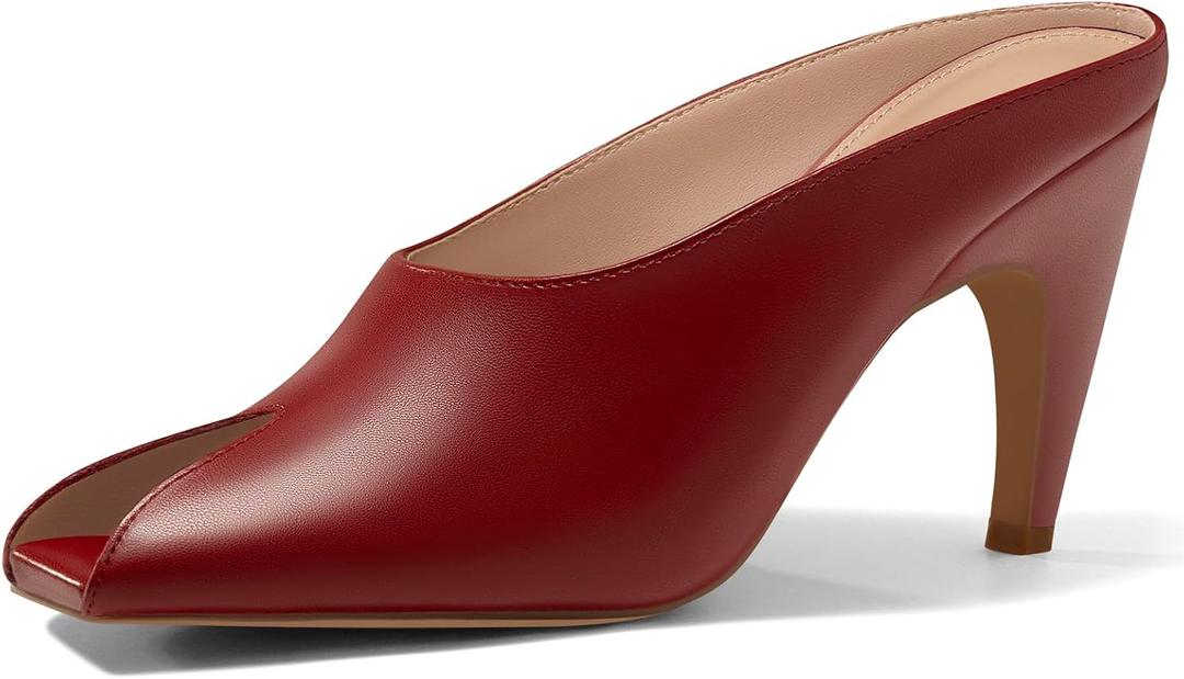 Coutgo Women's Kitten Heels Slide Sandals Open Peep Toe Heeled Mules Slip On Summer Dress Shoes, Apricot, size 11