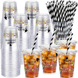 Patelai 60 Set 16oz Wildflower Graduation Cups Bulk Class of 2026 Wildflower Disposable Plastic Cups with Lids and Straws Floral Graduation Decorations Congrats Grad Party Tableware for Drinks