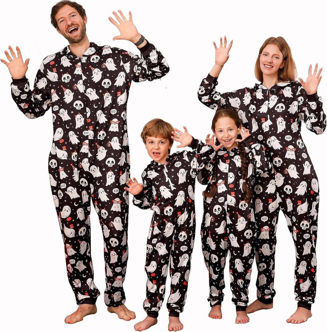 ANGELGGH Matching Halloween Onesie Pajamas Family Holiday Hooded PJs Adult Couples One Piece Sleepwear Funny Ugly Loungewear (Small, Ghost)