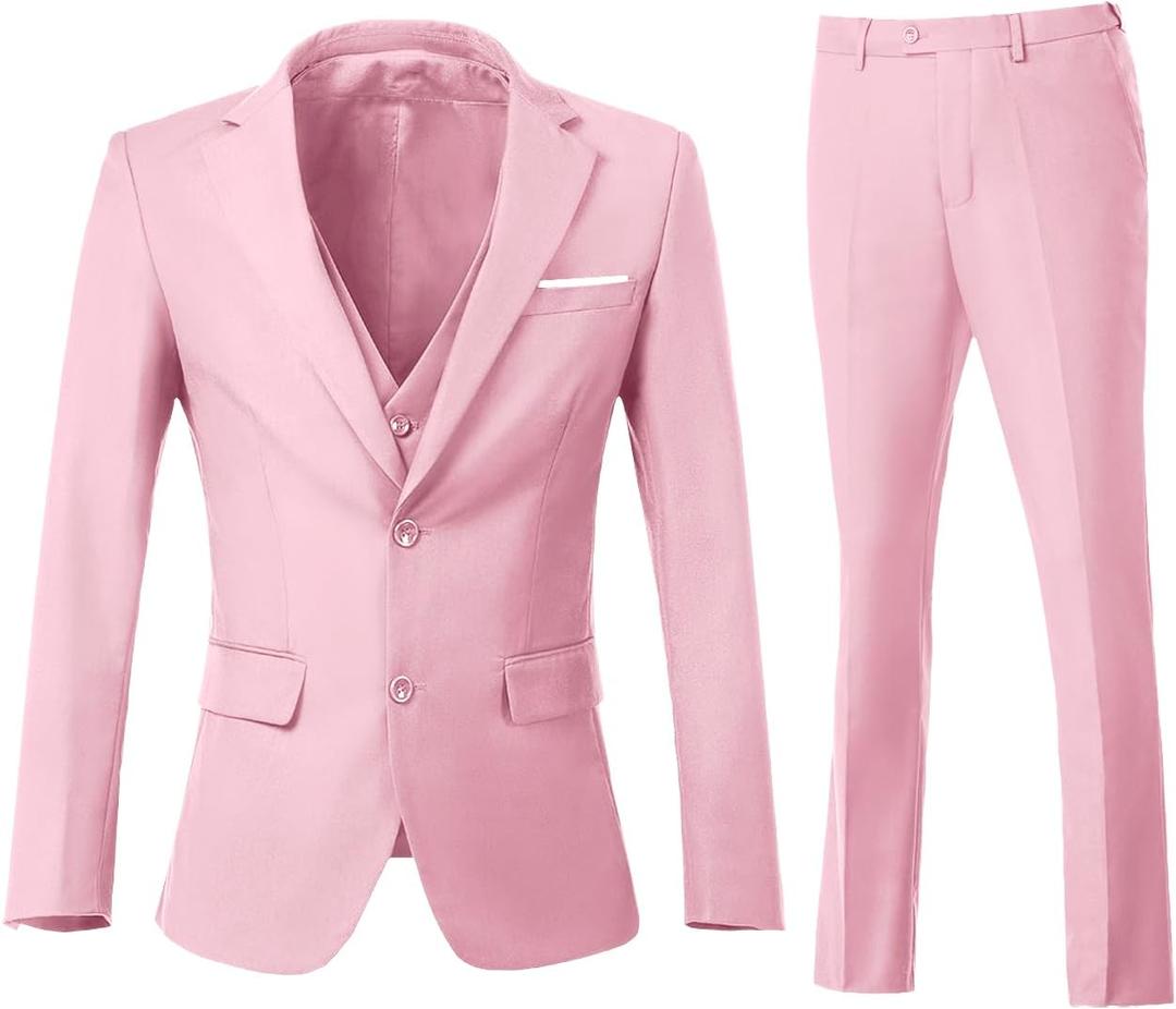 Men's 3 Piece Slim Fit Suit Set, Two Button Blazer Solid Jacket Vest Pants Wedding Business Suit (X-Large, Pink)