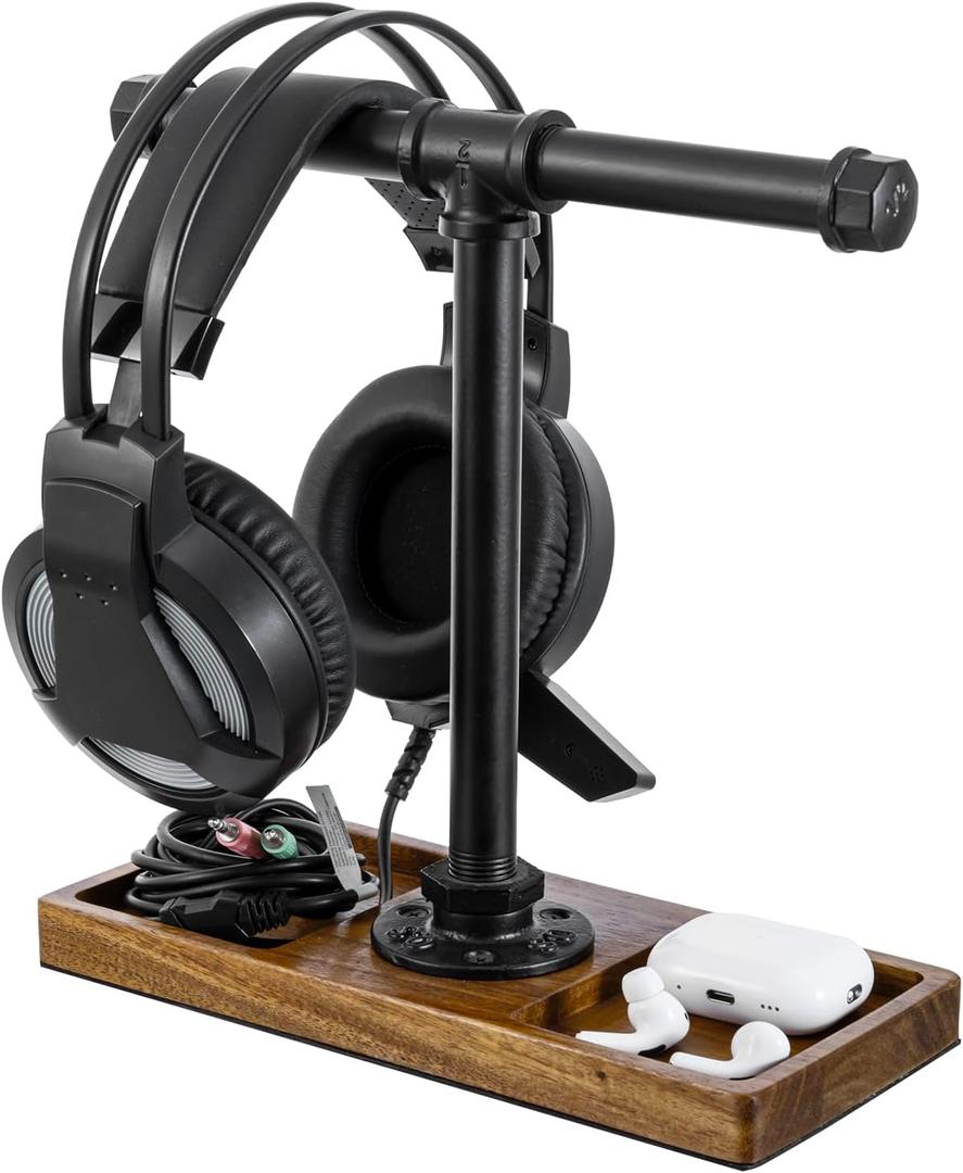 MyGift Premium Acacia Solid Wood and Industrial Black Metal Pipe T-Bar Over Ear Headphones Holder, Tabletop Dual Headphone Display Stand with Accessories Tray