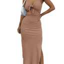 LYANER Women's Summer Tie Knot Cut Out Side Split Sleeveless Knit Bodycon Maxi Dress Sexy Vacation Long Sundress Khaki, Large