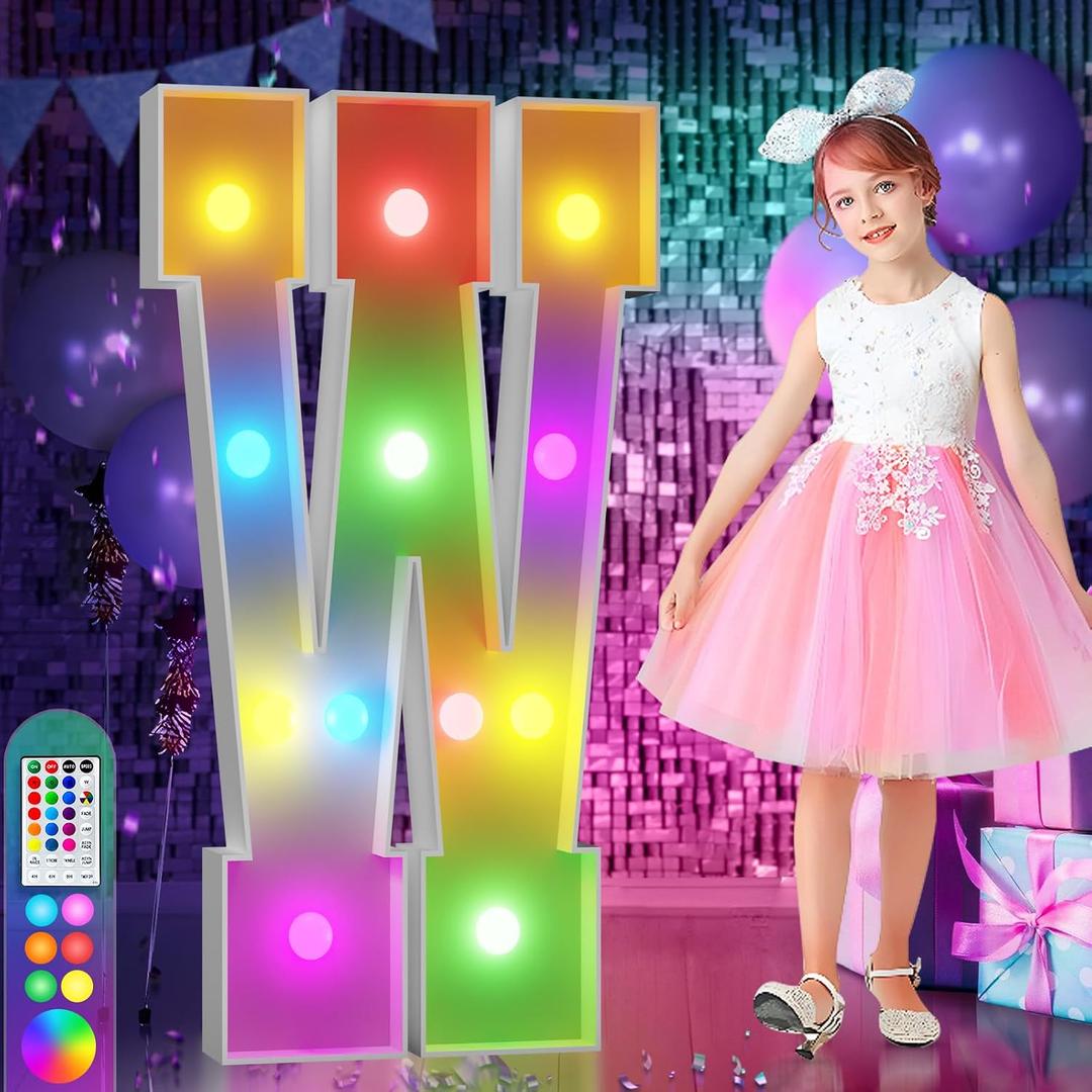 imprsv 4FT Colorful Marquee Letters W, 18 Colors Large Light up Letters Alphabet Sign with Remote, Large Marry Me Sign, Birthday Party Decorations Anniversary Wedding Decoration