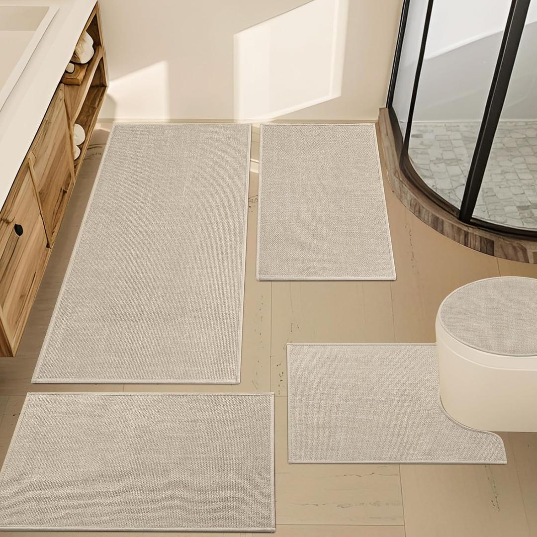 YIHOUSE Beige Bathroom Rug Sets 5 Piece, Absorbent Bath Mat for Bathroom Non Slip Washable, Bath Room Mat Quick Dry, Thin Bath Rug Set for Toilet and Floor