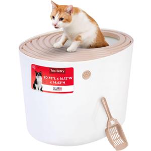 IRIS USA Cat Litter Box Large Top Entry with Lid Enclosed Covered Hooded Design Litter Catching Scatter Shield Pan Dog Proof Pet Proof Scoop Included Odor Control for Indoor Cats Kittens Beige/White