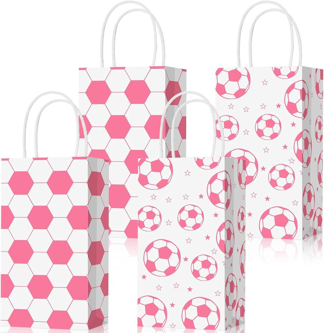 Eersida 16 Pcs Pink Soccer Party Favor with Handles Pink Soccer Goodie Bags Bulk Candy Treat Bags for Team Birthday Party Supplies