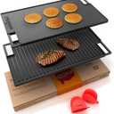NutriChef Cast Iron Reversible Griddle 18x10 Inch Pre-Seasoned Flat Top & Ridged Grill Side, Stove Top Griddle for Gas Grill, Outdoor & Indoor Cooking
