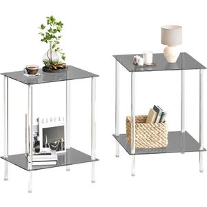 Tempered Glass Side Tables Set of 2 Acrylic End Table with 2 Storage Shelve transparent Bedside simplicity clear 2-Tier Nightstands for small Spaces Office Bedroom Living Room Study black ET-008BK