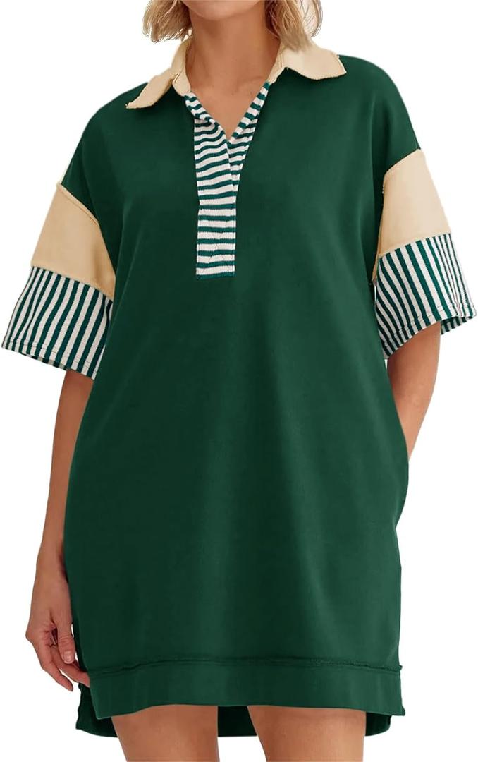Wenrine Women's Polo V Neck T Shirt Dress Casual Summer Oversized Color Block Short Sleeve Sweatshirt Mini Dresses (Dark Green, Large)