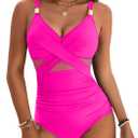 Blooming Jelly Womens One Piece Swimsuit Metal Modest Tummy Control Bathing Suit Slimming Full Coverage Mesh Swim Suits (Large, Hot Pink)