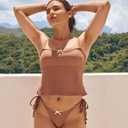 seamoly Womens Cute Tankini Set Gingham Two Piece Swimsuits with Bow Back Tie Side Bottom (Brown, XL)