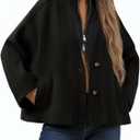 Yousify Womens Cropped Wool Blend Pea Coat Casual V Neck Button Down Short Jackets Fall Shackts with Pockets (Small, Black)