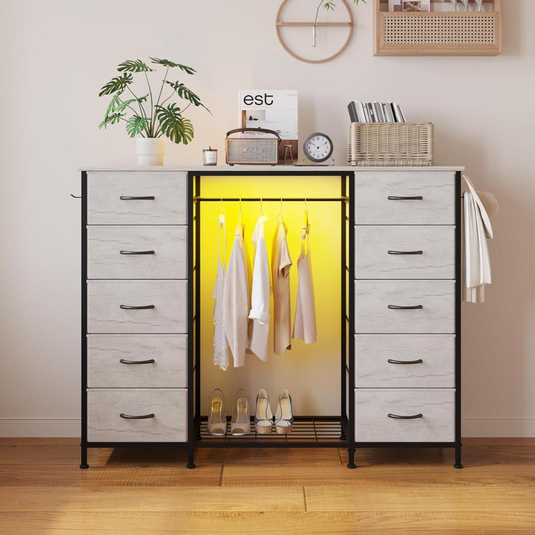LUMTOK 55W 2-in-1 Dresser with Hanging Rack, 10 Drawers Dresser for Bedroom,Dressers with Fabric Drawers,LED Lights, Charging Station and Hanging Racks for Bedroom (Greige), 13.7"D x 54.6"W x 42.9"H