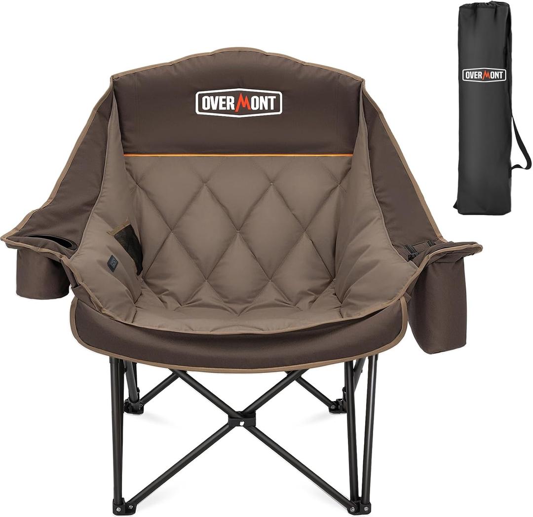 Overmont Oversized Camping Chair for Adults - 400lbs Support Heavy Duty Padded Folding Chair with Cooling Bag Cup Holder Side Pocket Carry Bag - Comfortable Portable for Outdoor Garden Sports Beach