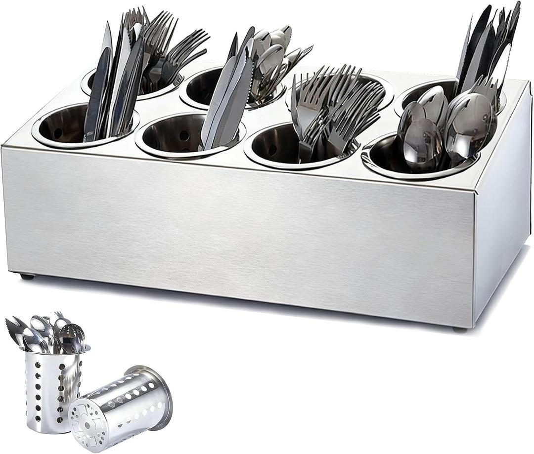 tonchean 8-Hole Compartment Large Capacity Countertop Cutlery Rack, Commercial Stainless Steel Utensil Organizer with Drainage Function, Metal Cutlery Storage Box for Kitchens, Silver