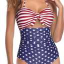 Tempt Me Women Sexy Cutout One Piece Swimsuits Tummy Control High Waisted Halter Front Tie Knot Bathing Suit, Medium, American Flag 