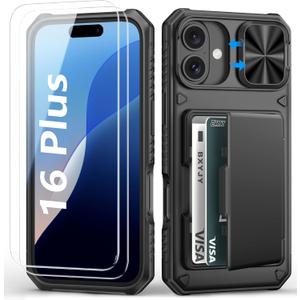 for iPhone 16 Plus Case Wallet with Screen Protector (Tempered Glass), Card Holder (4-5 Cards), Slide Camera Cover, Military Grade Protection, Rugged Men Women Case for iPhone 16 Plus, Black