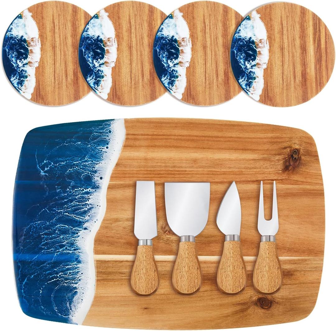 Patelai 9 Pcs Ocean Resin Cutting Board Set with 4 Cheese Knives and 4 Coasters for Wedding Housewarming Gifts, Blue White Wave Pattern Charcuterie Board Kitchen Meal Prep Serving Versatile Cheese