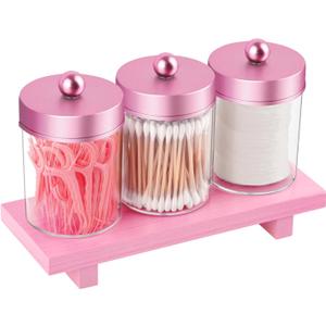 Pink Qtip Holder Bathroom Set - 3 Pack Apothecary Jars with Metal Lids and Vanity Tray. Bathroom Organizers and Storage, Cute Vanity Makeup Organizer, Bathroom Decor Accessories