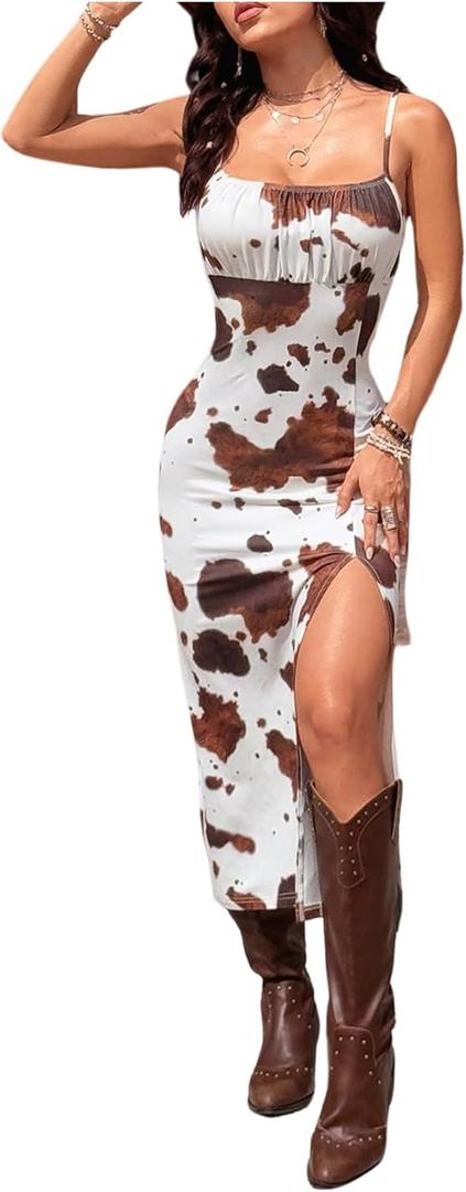 Verdusa Women's Cowgirl Dress Western Outfit Boho Bodycon Long Slit Thigh Cami Dresses (Large, White and Brown)