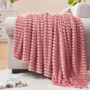 BEDELITE Fleece Throw Blanket for Couch  3D Ribbed Jacquard Soft and Warm Decorative Fuzzy Blanket  Cozy, Fluffy, Plush Lightweight Pink Throw Blankets for Bed, Sofa, 50x60 inches