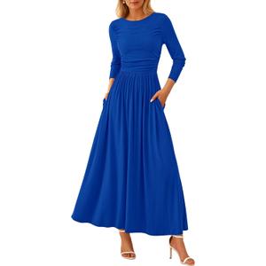 PRETTYGARDEN Women's 2025 Fashion Trendy Fall Long Sleeve Dresses Ruched Flowy Elegant Modest Boho Casual Beach Maxi Dress (Blue, XL)
