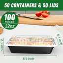 50 Pack (100-Piece) 32 oz Meal Prep Containers Reusable with Easy Open Lids, Sturdy Leakproof Food Safe, Microwave Freezer Dishwasher Safe, To Go Take Out Plastic Food Storage Pans with Lids, Black