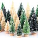 30Pcs Mini Christmas Trees - Artificial Christmas Tree Bottle Brush Trees with 5 Sizes, Snow Trees with Wooden Base for Christmas Party Home Table Craft Decor (GrassGreen+Green+White)