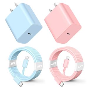 for Phone Charger Fast Charging, 20W PD USB C Wall Charger Block with 2 Pack 6 FT Type C to Lighting Cable Compatible with iPhone 14/13/12 Pro Max/11/XS/XR/X/8/Plus (BluePink)